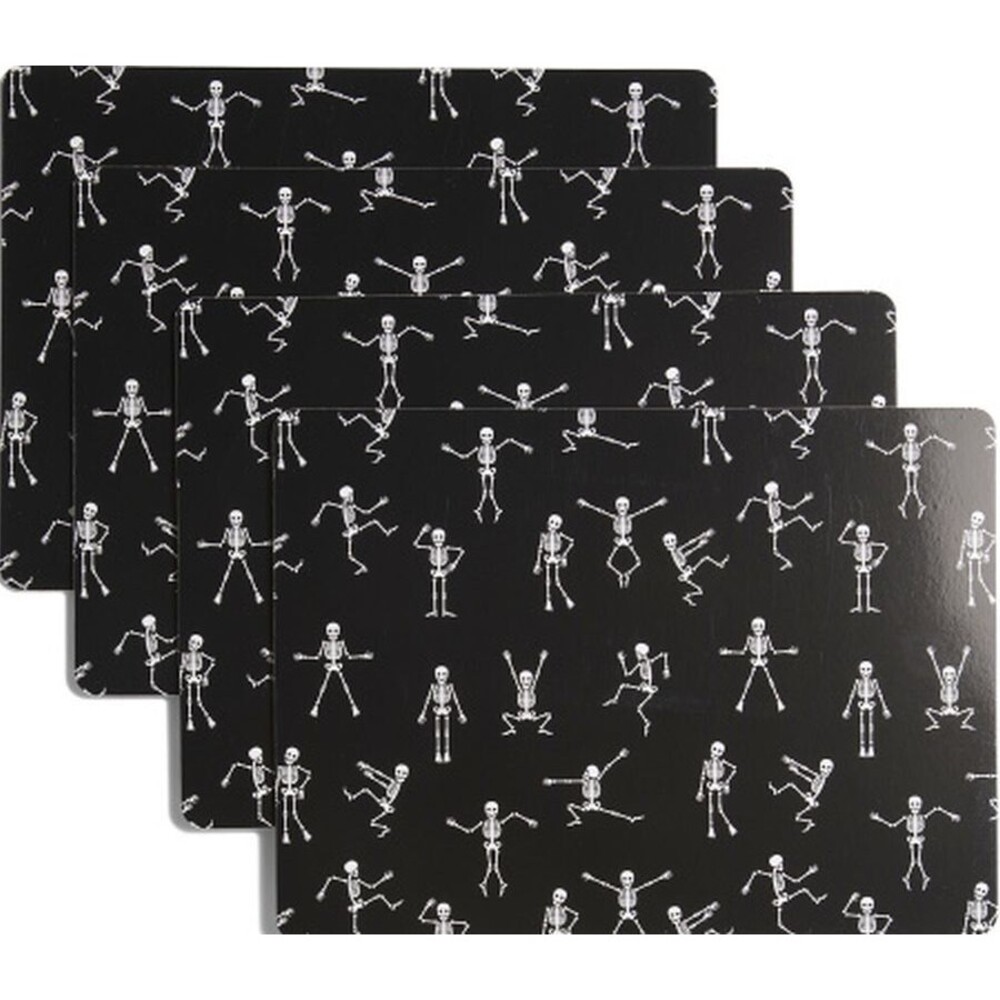 Set of 4 Hard Placemats w/Cork Back (12"x16") DANCING SKELETONS ON BLACK,Chateau